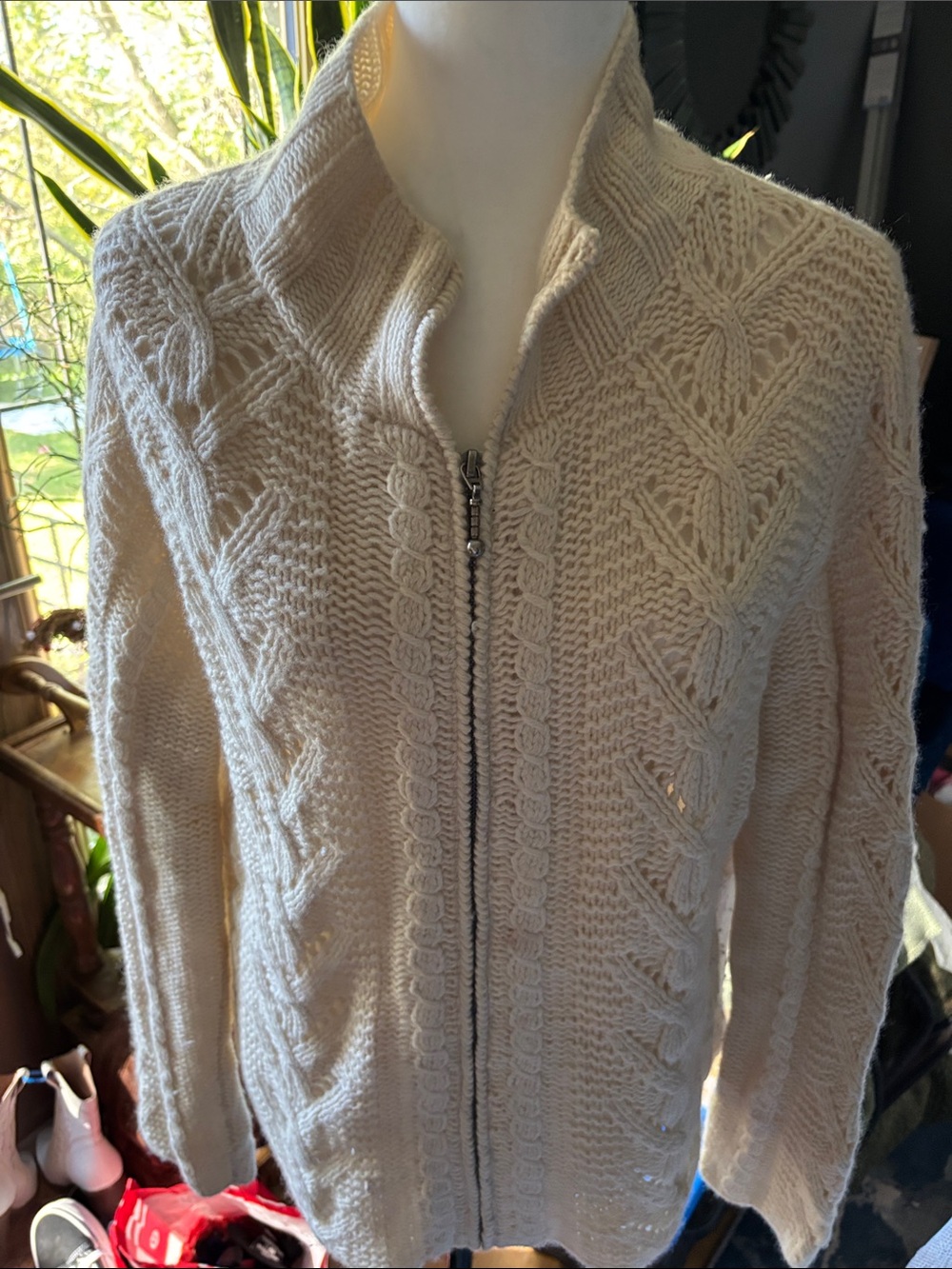Zip-Front Cream Cable Knit Cardigan Sweater